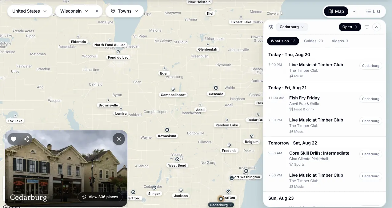 The Local Eyes map of Wisconsin with the Cedarburg pin selected, its town card open and the events rail listing what is on this week