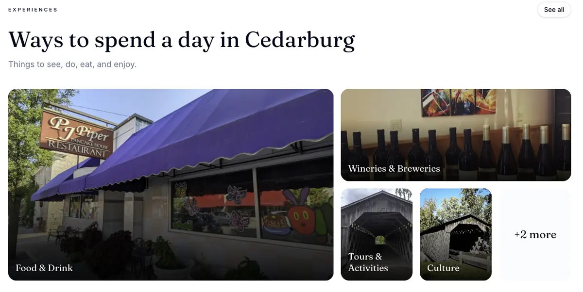 Ways to spend a day in Cedarburg, showing food and drink, wineries, tours and culture